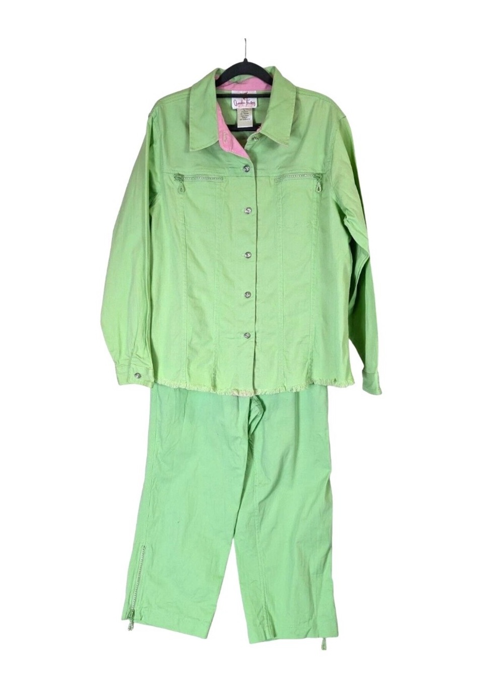Quacker Factory Size 1X Green Rhinestone Jean Jacket Denim Pants Set Y2K Vintage